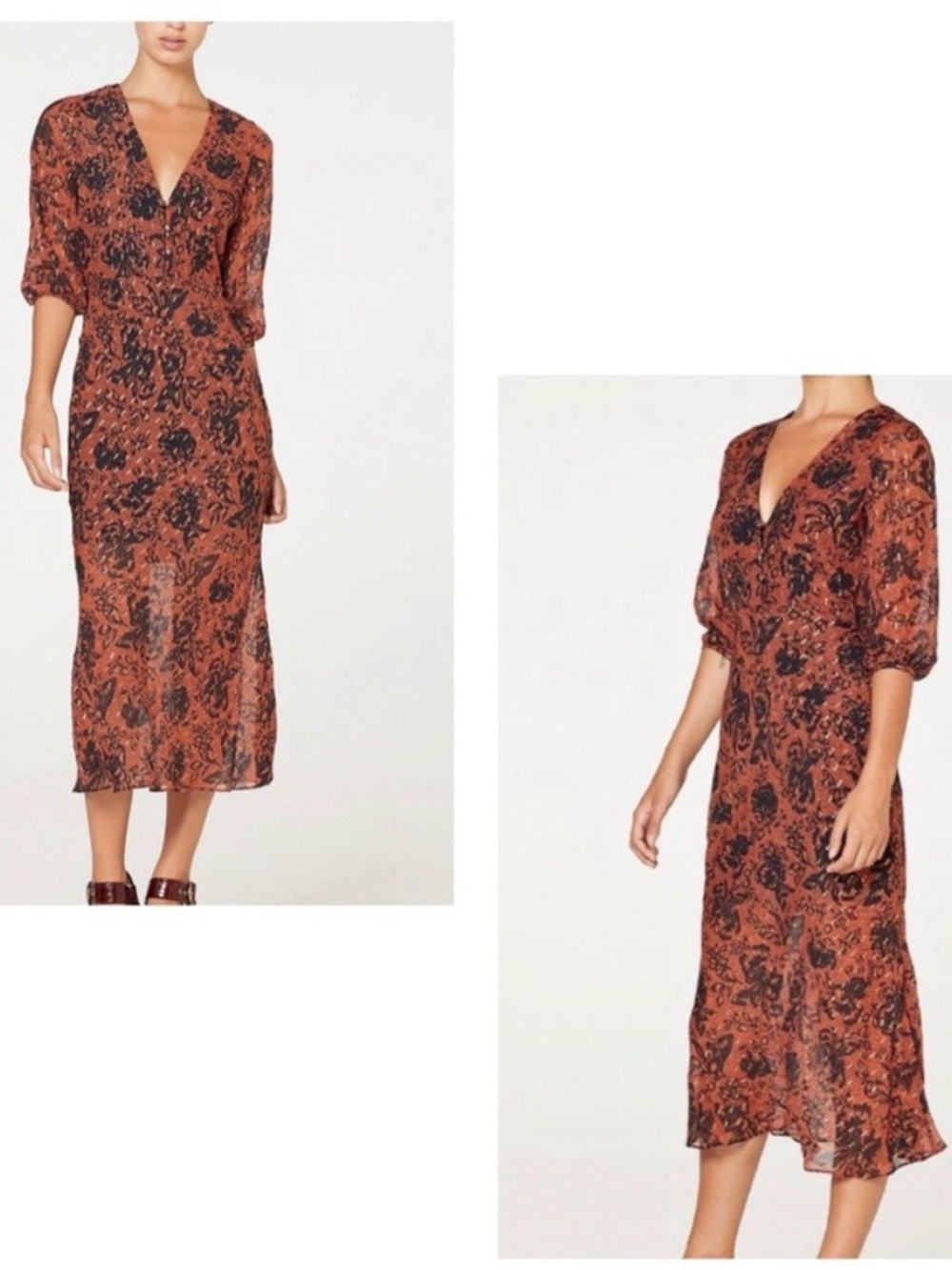 Stevie May Rust Floral V-Neck Midi Dress NWT